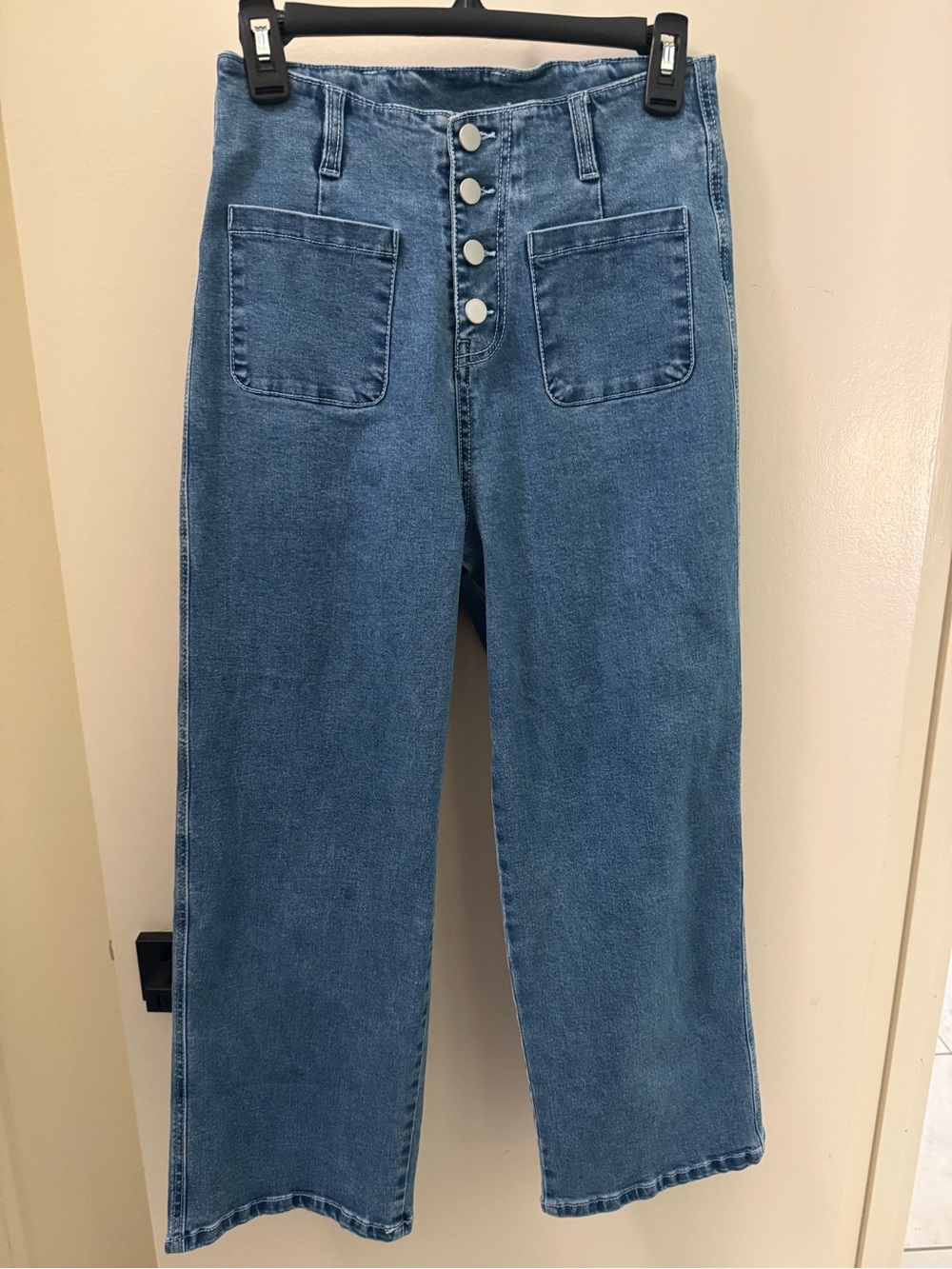 High-Rise Wide Leg Jeans with Front Patch Pockets Button Closure Size 6
